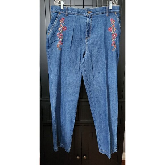 Erika Women’s Stretch Denim Jeans 18 Blue Floral Embroidered Straight Leg Pants - Picture 4 of 11